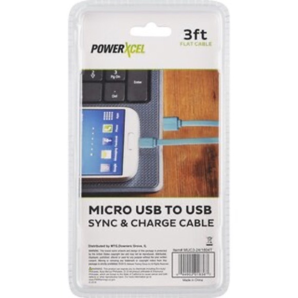 PowerXcel 3ft Micro USB to USB Flat Sync Charge Cable Blue Tangle Free - Picture 3 of 7
